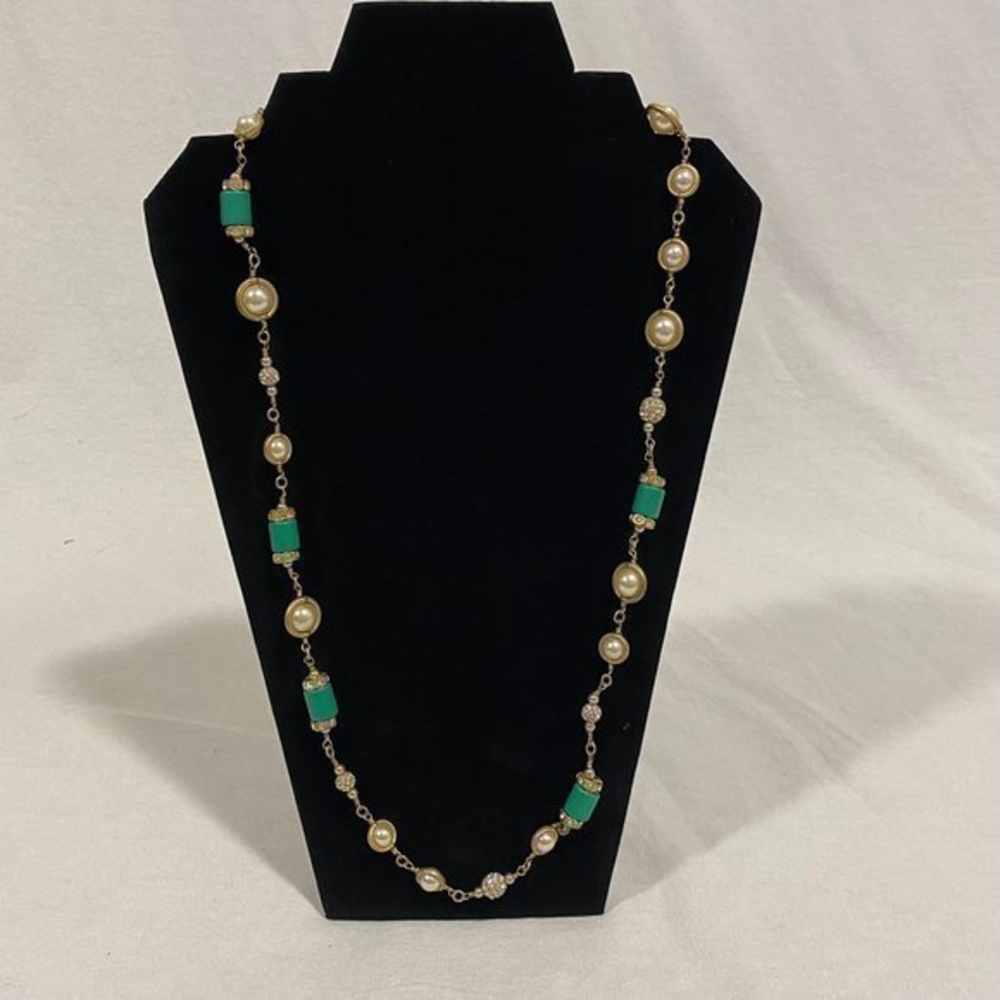 J. Crew Matte Gold Tone Rhinestone, Faux Pearl, Green Tube Necklace